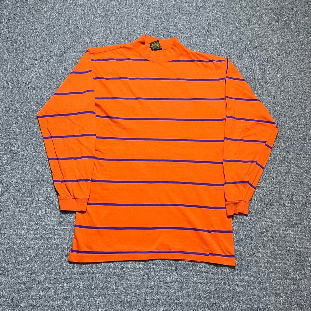 Vintage Cross Creek Mock Neck Shirt Medium Orange Purple Striped Long Sleeve 90s